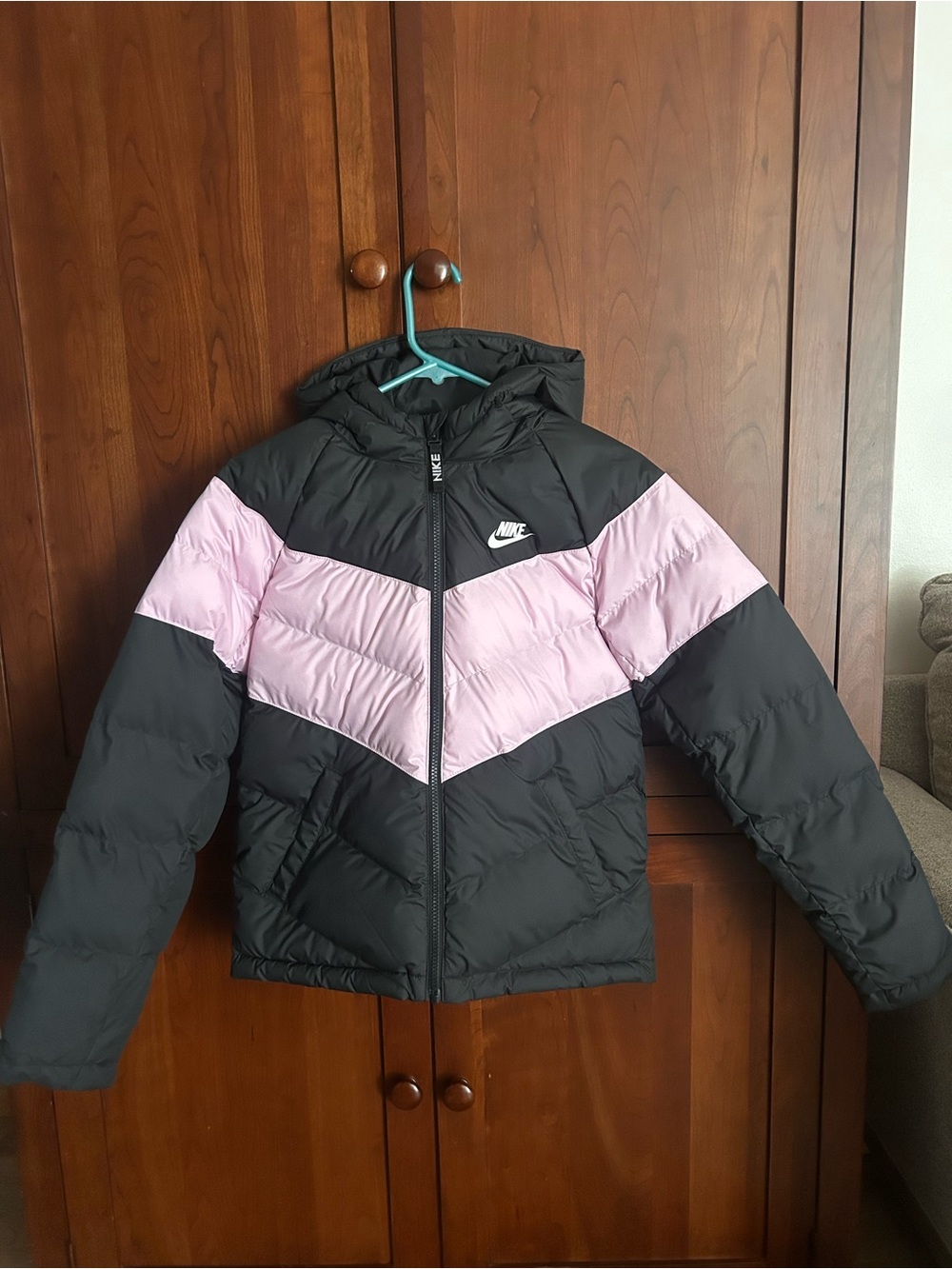 Nike Kids Black and Light Pink Chevron Puffer Jacket with Hood